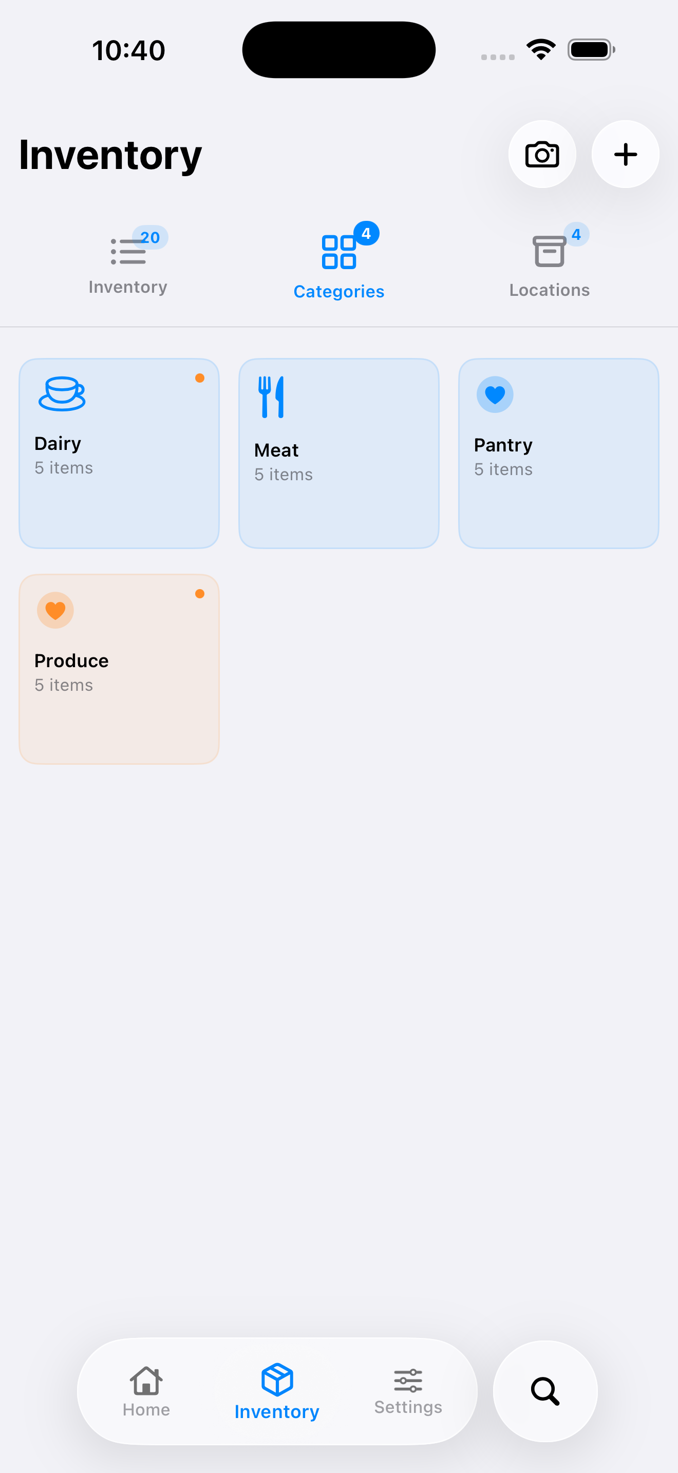 MODUS categories view grouping kitchen items by type.