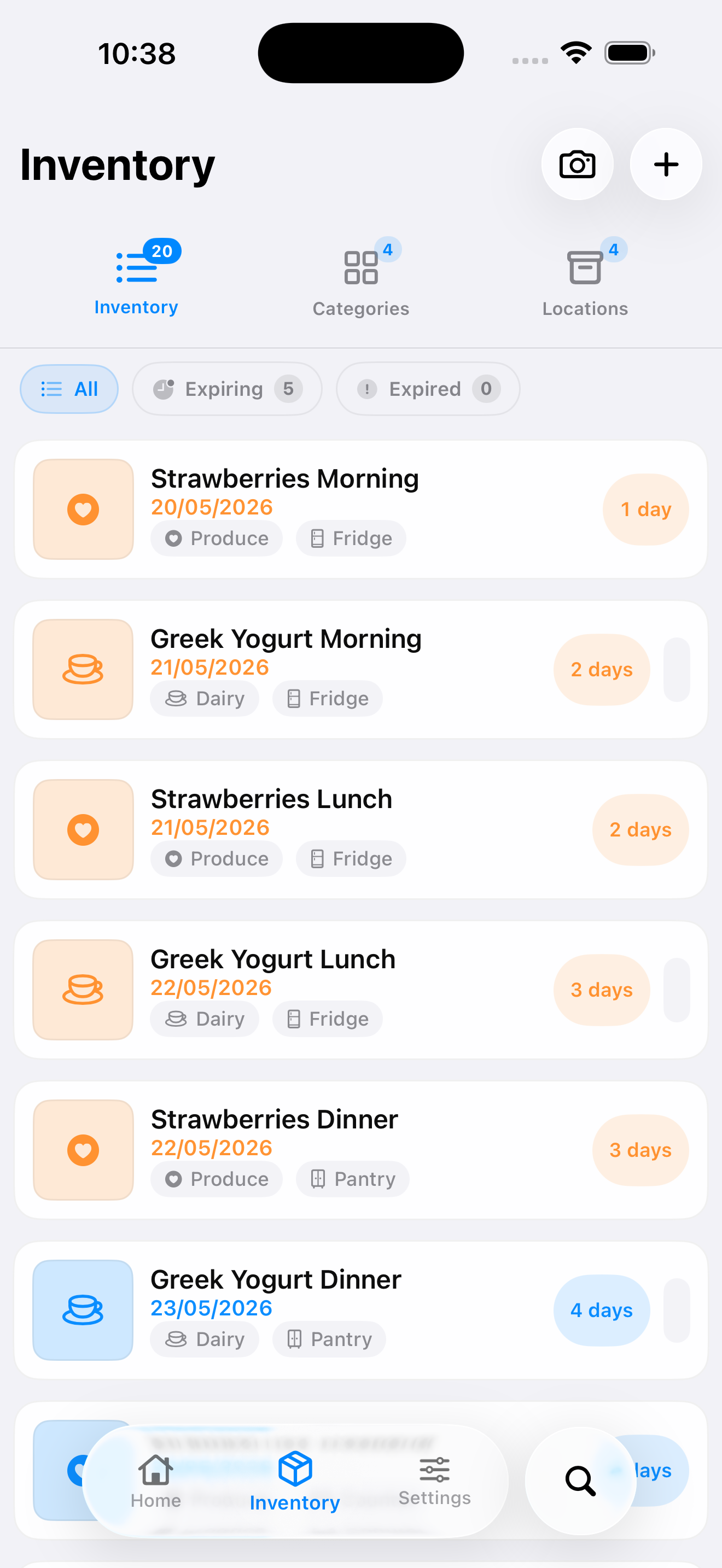 MODUS inventory view showing tracked food items sorted by expiry.